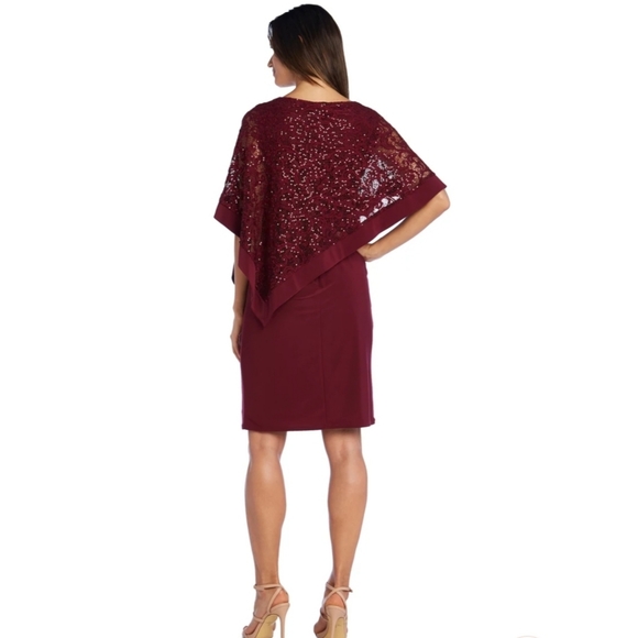 R&M RICHARDS Sequined Metallic Lace Capelet Dress in Merlot Asymmetric Poncho 8 - Picture 12 of 12